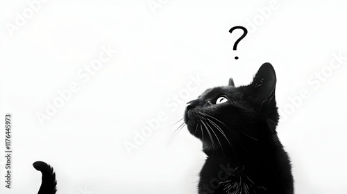 Black silhouette of a cat on a white background with a white question mark above it