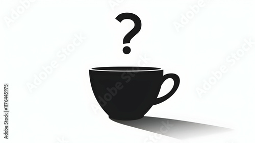Black silhouette of a coffee cup on a white background with a white question mark above it
