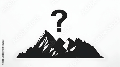 Black silhouette of a mountain on a white background with a white question mark above it 