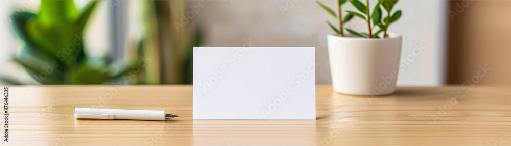 Modern business card mockup on wooden table with natural light and minimalist design Modern business card mockup on wooden table with natural light and minimalist design