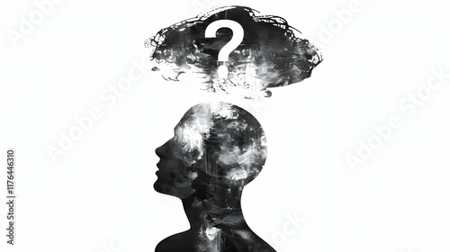 Black silhouette of a thinking figure, with a white question mark floating above the head, isolated on white