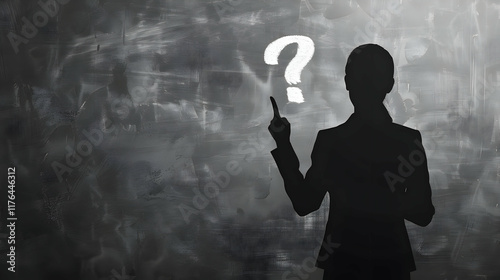 Black silhouette of a teacher with a white question mark on the blackboard behind them, isolated on white