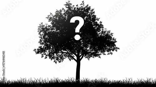 Black silhouette of a tree on a white background with a white question mark above it