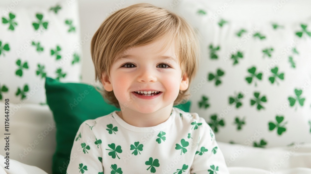 a little boy sitting on a bed with a green pillow a little boy sitting on a bed with a green pillow