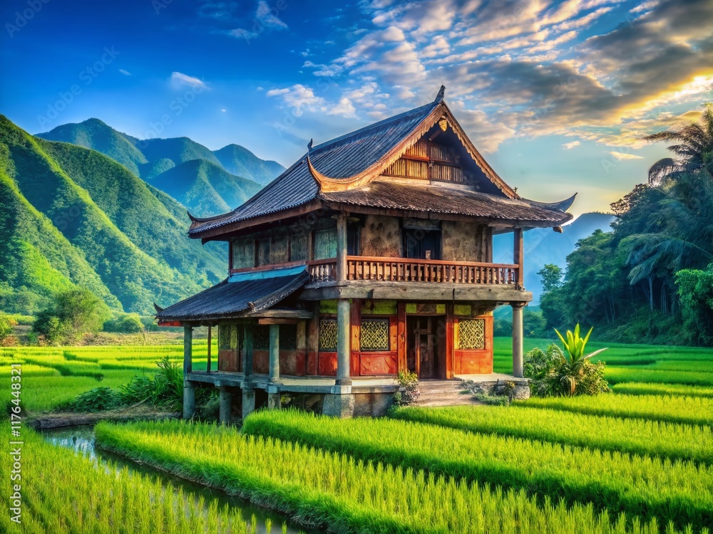 Vibrant Vietnamese Ethnic Minority House in Lush Rice Paddy Landscape Vibrant Vietnamese Ethnic Minority House in Lush Rice Paddy Landscape