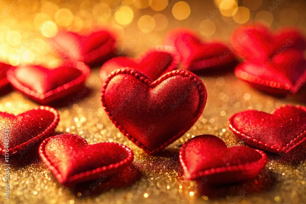 Fototapeta premium Golden light illuminates vibrant red felt hearts; a macro Valentine's Day detail.