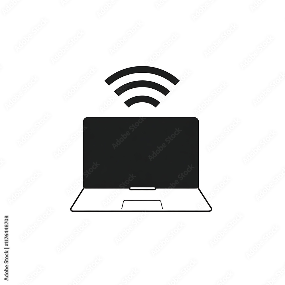 An outline of a laptop with a Wi-Fi signal icon above it, rendered in black on a clean white background. An outline of a laptop with a Wi-Fi signal icon above it, rendered in black on a clean white background.