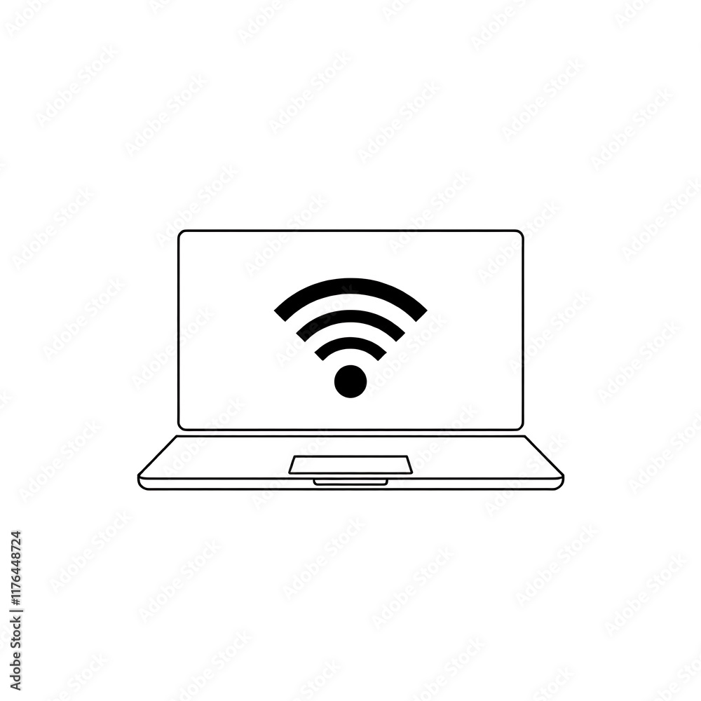 An outline of a laptop with a Wi-Fi signal icon above it, rendered in black on a clean white background. An outline of a laptop with a Wi-Fi signal icon above it, rendered in black on a clean white background.