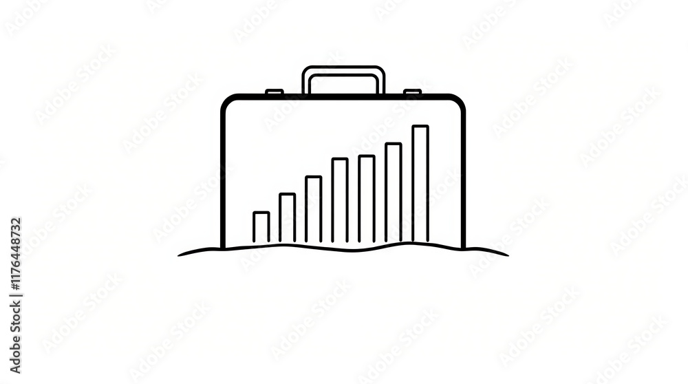 A simple outline of a briefcase with a rising bar graph inside it, drawn in black on a white background.