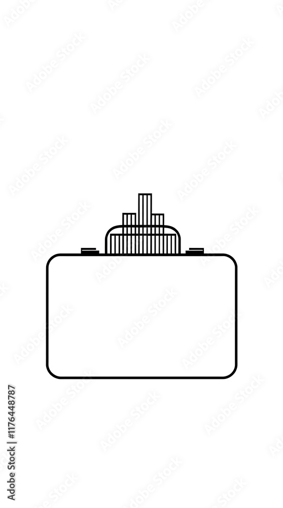 A simple outline of a briefcase with a rising bar graph inside it, drawn in black on a white background.