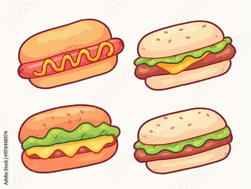 Cute Cartoon Hot Dogs and Burgers photo