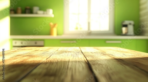 A bright kitchen scene with a wooden table and green walls, emphasizing a cozy atmosphere.