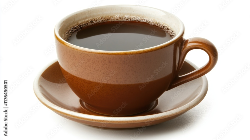 A brown coffee cup filled with black coffee on a matching saucer. A brown coffee cup filled with black coffee on a matching saucer.