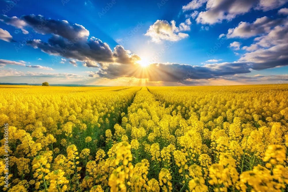 Fototapeta premium Vibrant Yellow Rapeseed Field Blossoming Under a Sunny Blue Sky - Stunning Spring Landscape