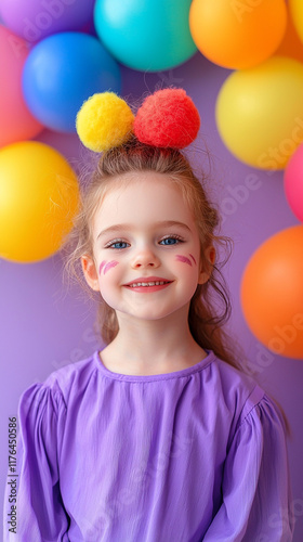 Happy Girl with Balloons and Pom Poms