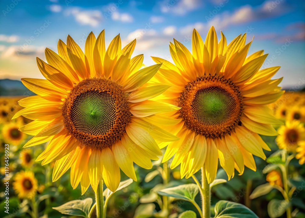 Vibrant Yellow Sunflowers Blooming in Field, Close-up Detail of Two Flower Heads with High Depth of Field Vibrant Yellow Sunflowers Blooming in Field, Close-up Detail of Two Flower Heads with High Depth of Field