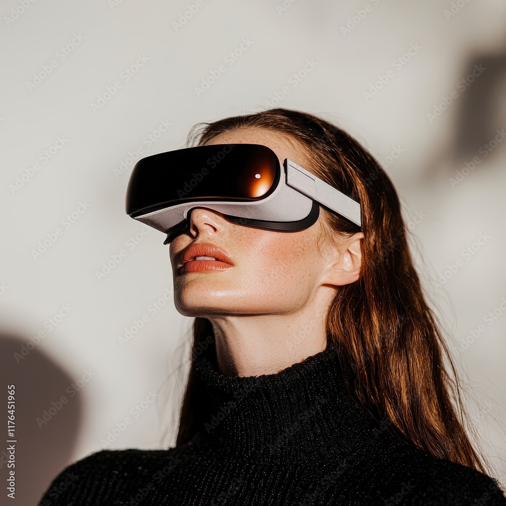 Woman Experiencing Virtual Reality Headset Innovative Technology Future Metaverse Woman Experiencing Virtual Reality Headset Innovative Technology Future Metaverse