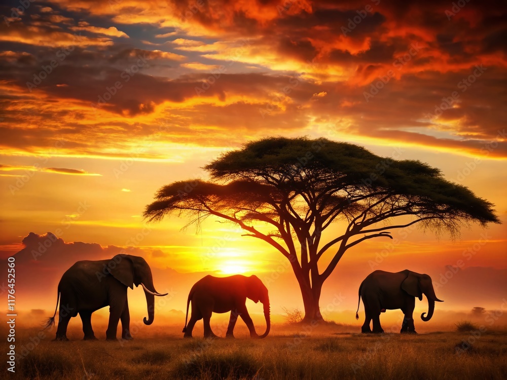 Obraz premium Vintage African Sunset: Elephants & Acacia Silhouettes