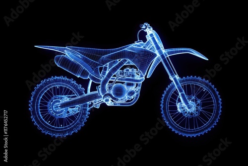 X-ray Illustration of a Blue Motorcycle in Neon Style on Black Background