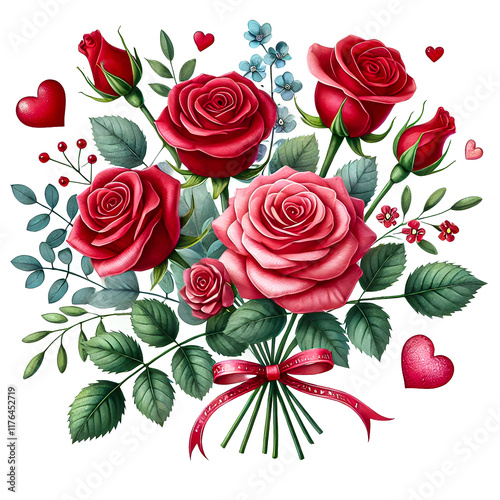 Happy Valentine's Day, Watercolor Clipart of a Romantic bouquet of red roses with hearts, isolated on a white background. Holiday Illustration