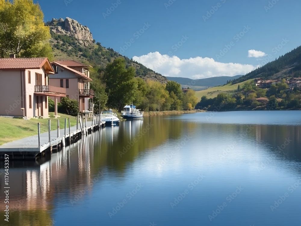 Stunning Wide Shot Photo: Tranquil Lakeside Villas on a Sunny Autumn Day. AI Generated Stunning Wide Shot Photo: Tranquil Lakeside Villas on a Sunny Autumn Day. AI Generated