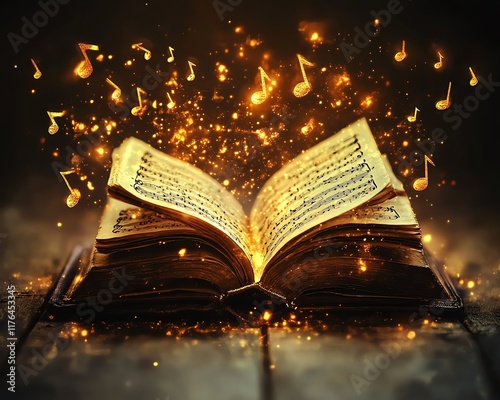 A beautiful scene of an open ancient music book, with golden musical notes radiating from its pages, evoking the grandeur of a classical symphony