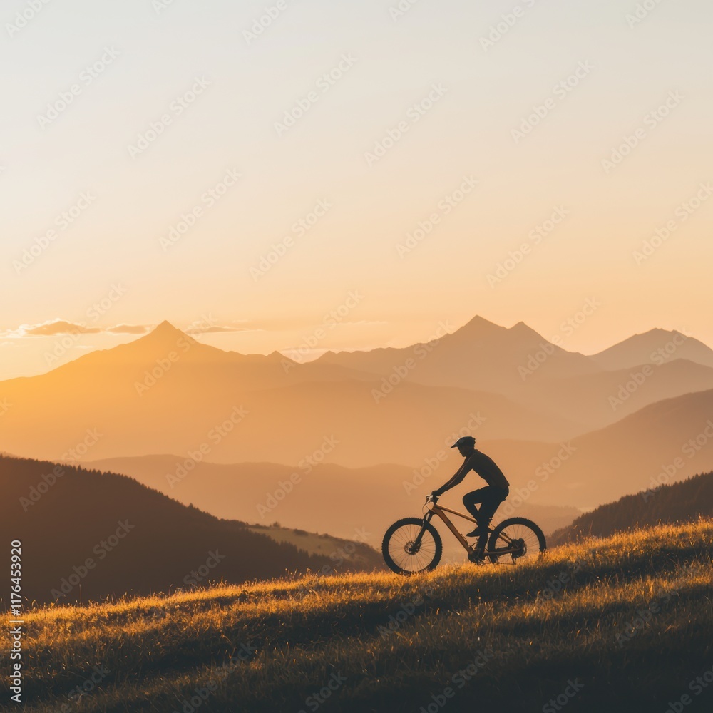Fototapeta premium Mountain Biker Riding on Hillside During Sunset with Scenic View