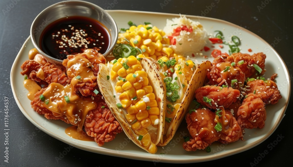 Korean Style Fried Chicken with Corn and Cheese Tacos on Plate Korean Style Fried Chicken with Corn and Cheese Tacos on Plate