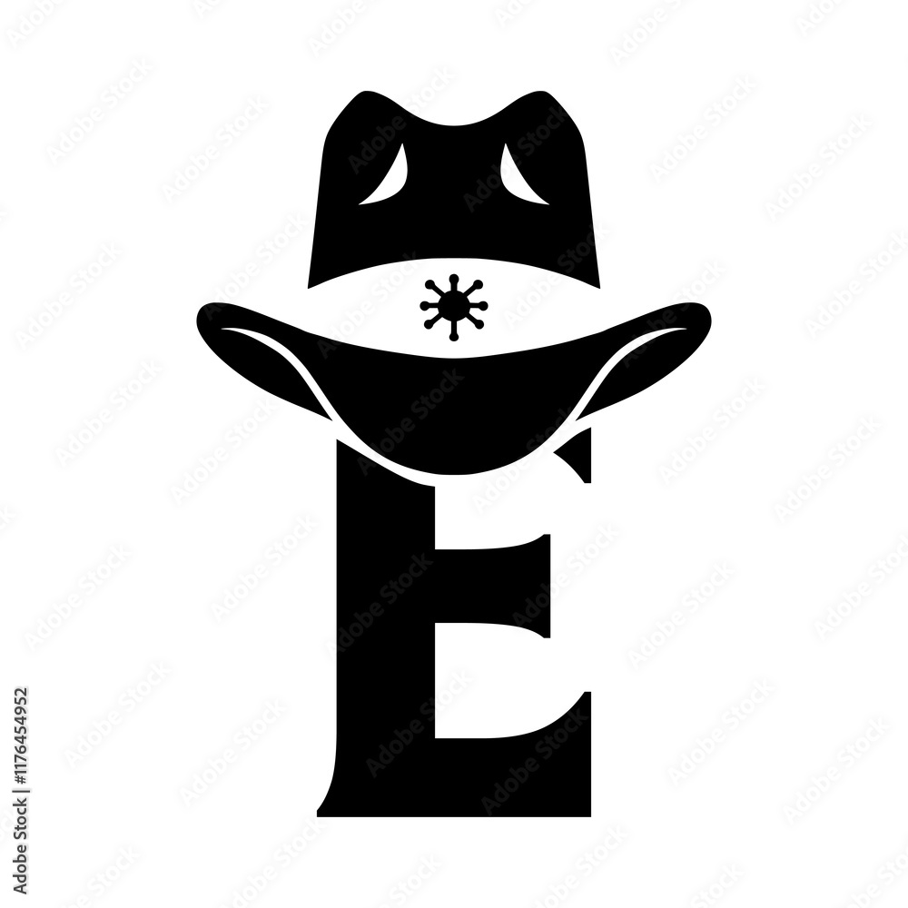 initial E with hat cowboy, Design element for logo, emblem, t shirt. Vector illustration initial E with hat cowboy, Design element for logo, emblem, t shirt. Vector illustration