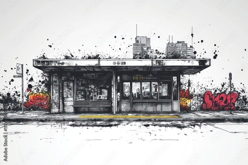 Fototapeta premium Urban bus stop, graffiti, city backdrop.