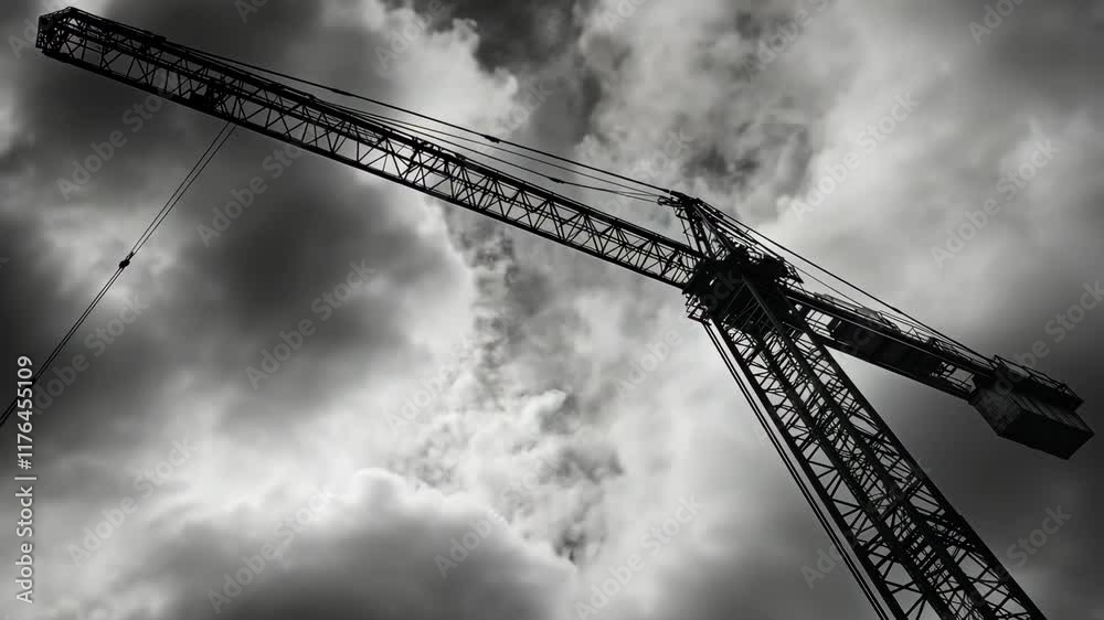 Dramatic Silhouette of Construction Crane Against Cloudy Sky Dramatic Silhouette of Construction Crane Against Cloudy Sky