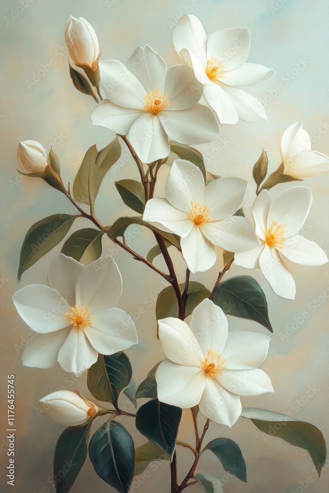 Fototapeta premium Elegant white blossoms, green leaves, soft background.