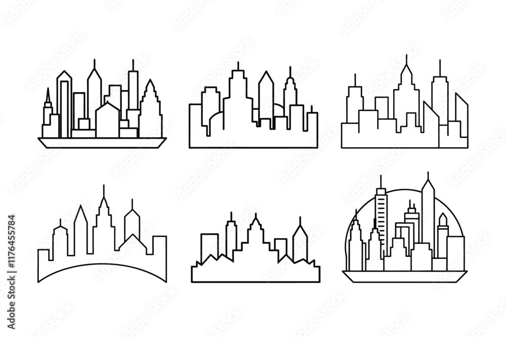 illustration of city skyline line art set, collection, bundle
