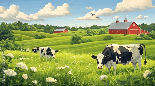 A traditional farm landscape with cows grazing in the meadow and a red barn in the distance