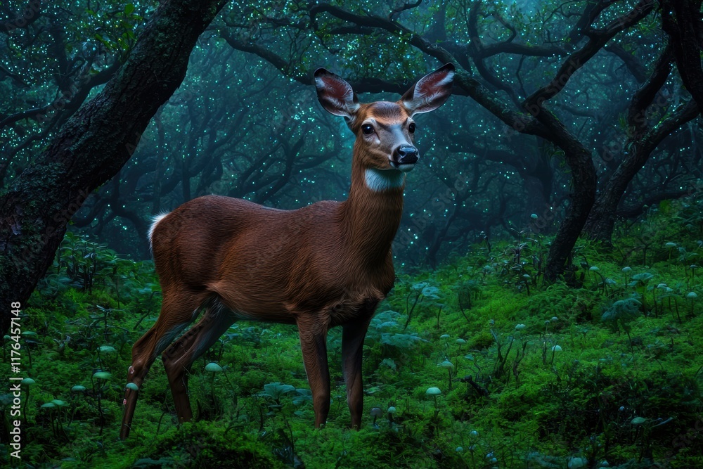 Obraz premium Tranquil Deer Standing in Enchanted Forest with Soft Light