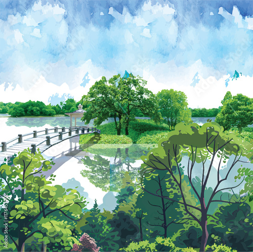 Traditional Mughal forest, garden, arch, peacock, bird illustration. vector mural plant wallpaper Rajasthan