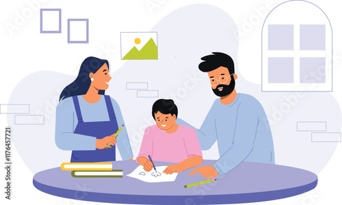 A joyful parenting moments family conceptual illustration, featuring a happy family enjoying quality time together—parents playing with their children, sharing laughter