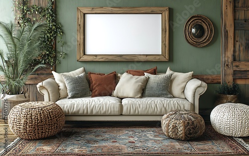 Cozy living room with blank frame, sofa, plants, and ethnic decor.