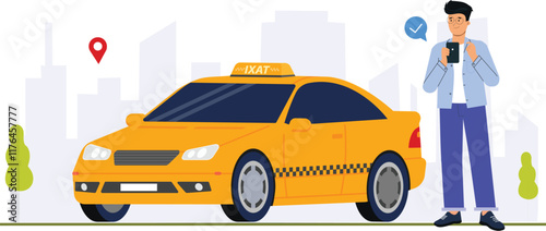 A modern cab service illustration, featuring a user booking a ride via a smartphone app, with a taxi or ride-sharing vehicle arriving nearby, showing key features like estimated time of arrival