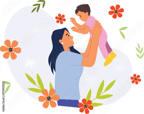 A mother and child bonding parenting concept illustration, showing a mother lovingly interacting with her child in a warm, nurturing environment, engaging in activities like reading a book