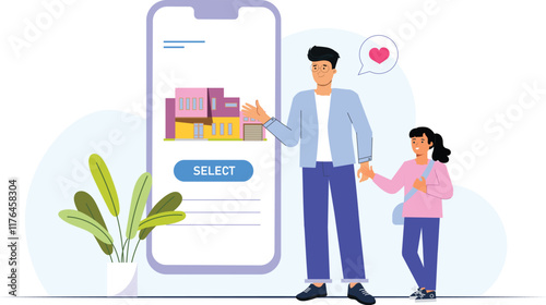 An online home rental illustration for a mobile app interface, featuring a user browsing property listings on their smartphone, with filters for location, price, and amenities