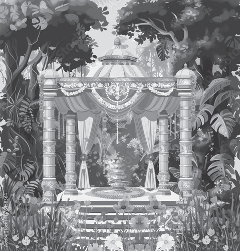 Traditional Mughal forest, garden, arch, peacock, bird illustration. vector mural plant wallpaper Rajasthan, Black and white Mughal mural plant wallpaper Rajasthan