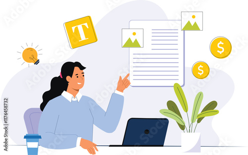 A professional content writing illustration for blogs and websites, showing a writer typing on a laptop with a focus on the screen displaying engaging content, surrounded by elements like a cup of cof