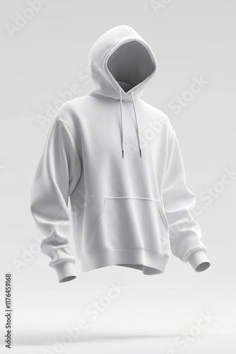 Mockup 3D realistic white hoodie on a white color background, fit to the canvas, centered in the middle of the canvas, front view mockup, flying in the air, minimal, soft lighting, 20mm lens at f/5.6. photo