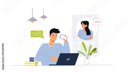 A virtual call center communication concept illustration, showcasing customer support agents working remotely, interacting with clients via video calls, chat, and phone