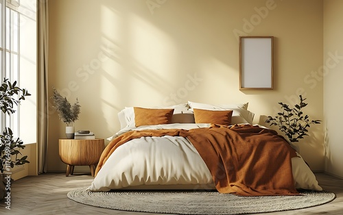 Minimalist bedroom interior with plants, sunlight, blank frame.