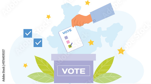 A "Vote India" campaign illustration graphic, featuring citizens of diverse backgrounds participating in an election, with vibrant colors, the Indian flag, and symbolic elements like a ballot box