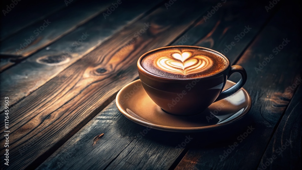 Fototapeta premium Vintage Cappuccino Coffee Shop Photo: Dark Moody Close-up of Creamy Coffee in a Cup on Rustic Wooden Table