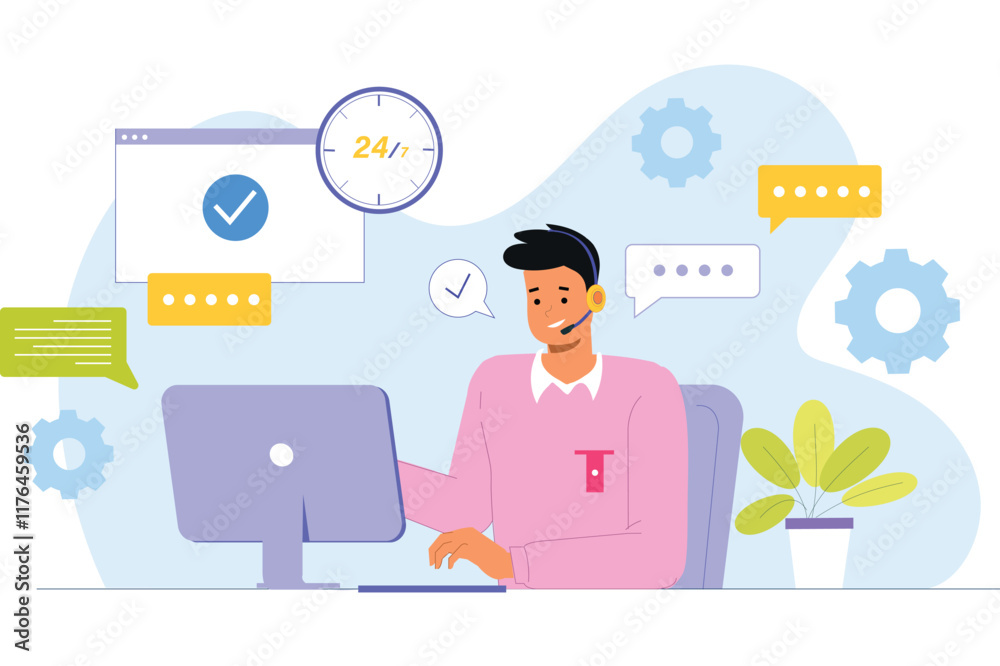 A call center illustration with a customer support concept, showing an agent speaking to a customer through a headset, with multiple screens displaying customer queries A call center illustration with a customer support concept, showing an agent speaking to a customer through a headset, with multiple screens displaying customer queries