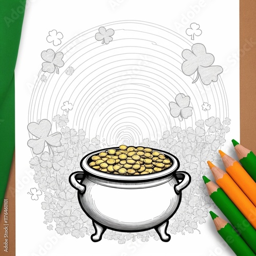 st patrick's day coloring page. leprechaun, pot gold illustration. ready to print on standard 8.5x11 inch paper.
